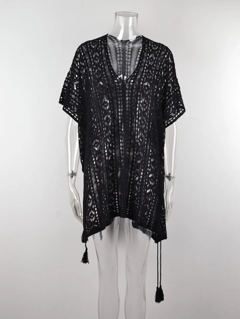 Angel Wings Cutout V-Neck Cover-Up with Tassel Black One Size
