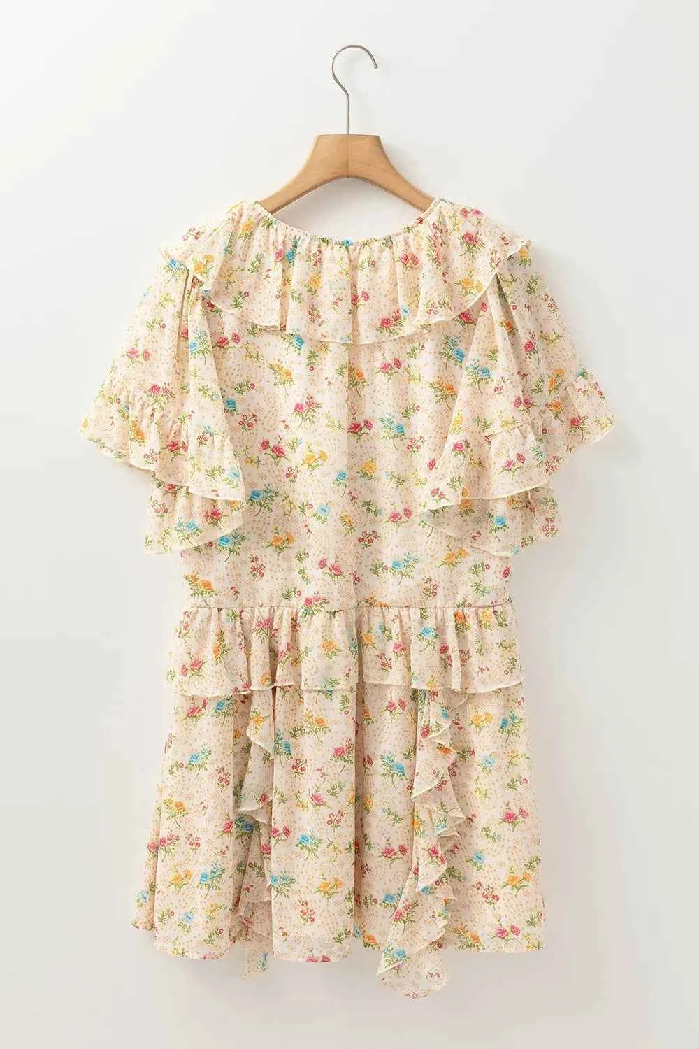 Boho Floral Tassel Tie V Neck Ruffle Wide Sleeve Mini Dress