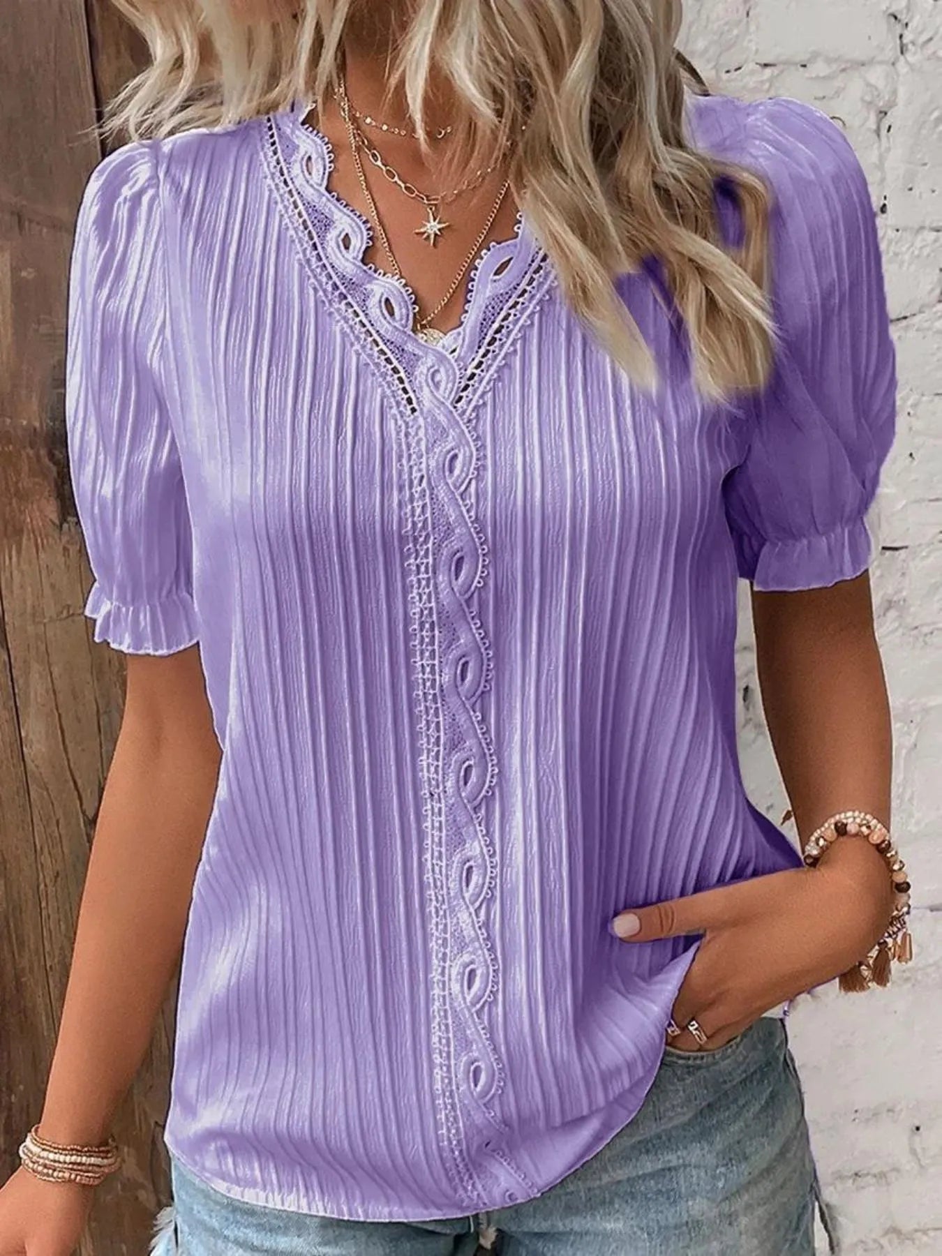 Full Size Lace Detail V-Neck Blouse Plus Size Purple