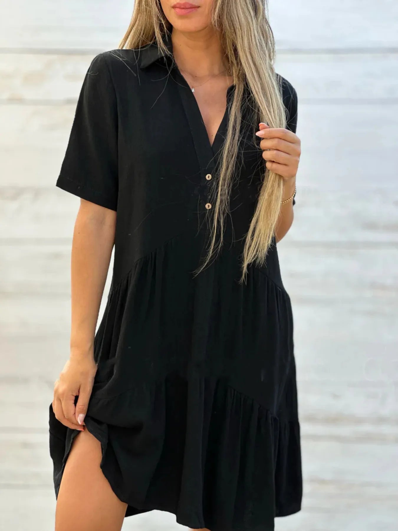 Full Size Tiered Button-Front Short Sleeve Dress Plus Size Black