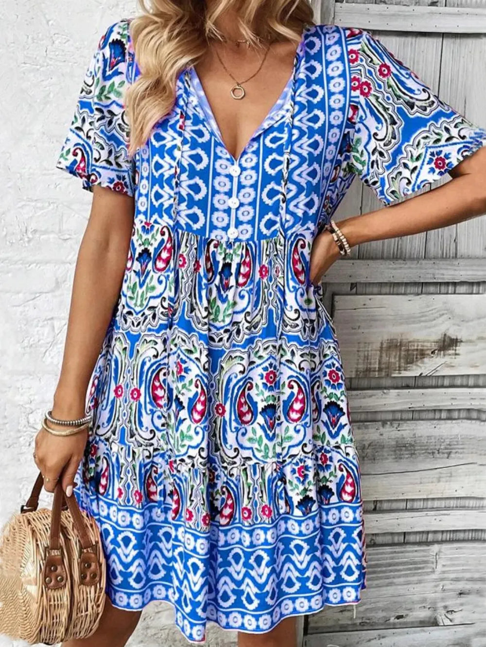 Printed Tie Neck Short Sleeve Dress Blue