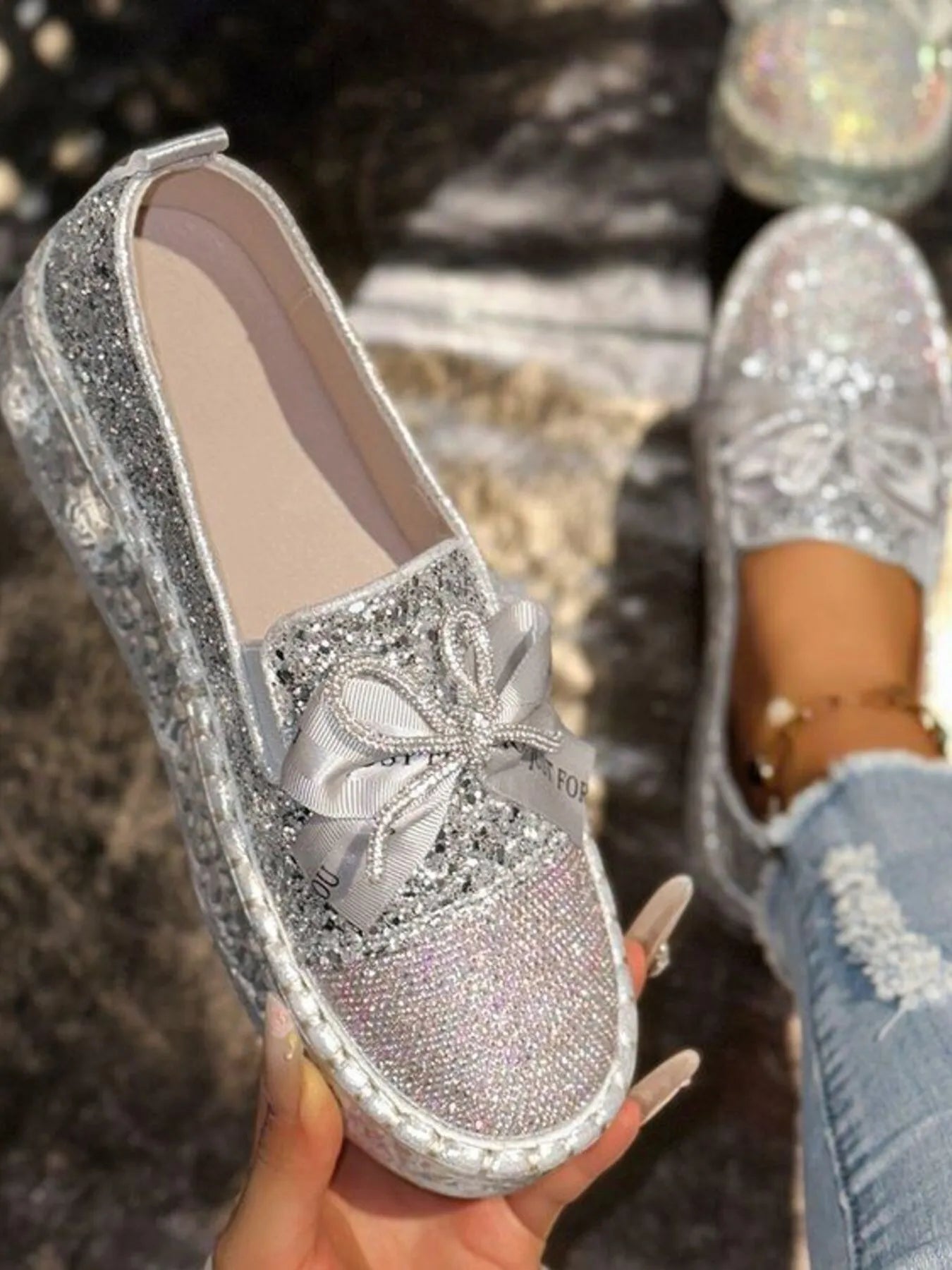 Rhinestone Bow Round Toe Slip-Ons Silver