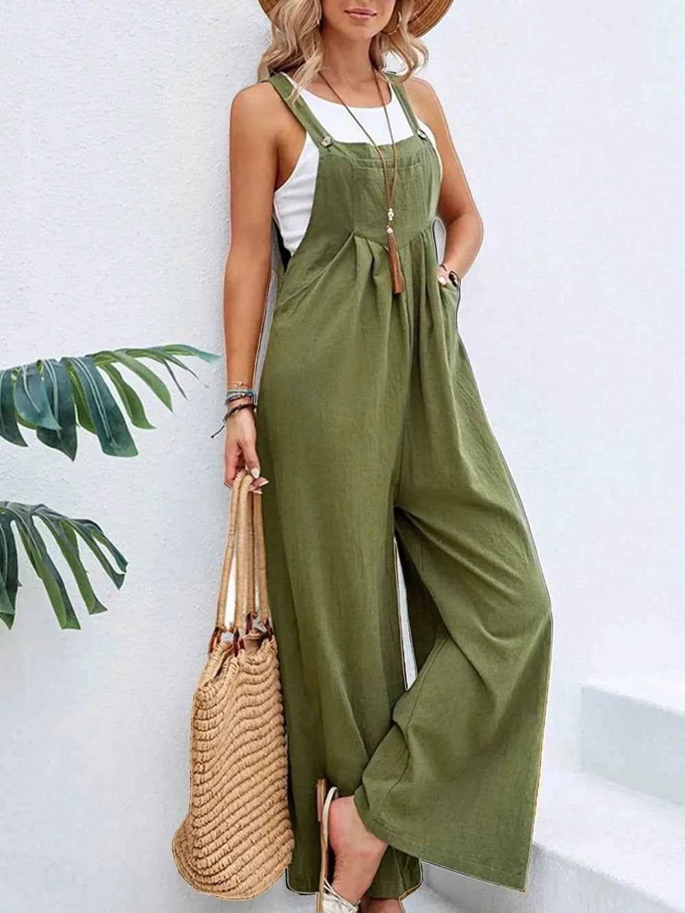 Full Size Square Neck Wide Strap Overalls Moss