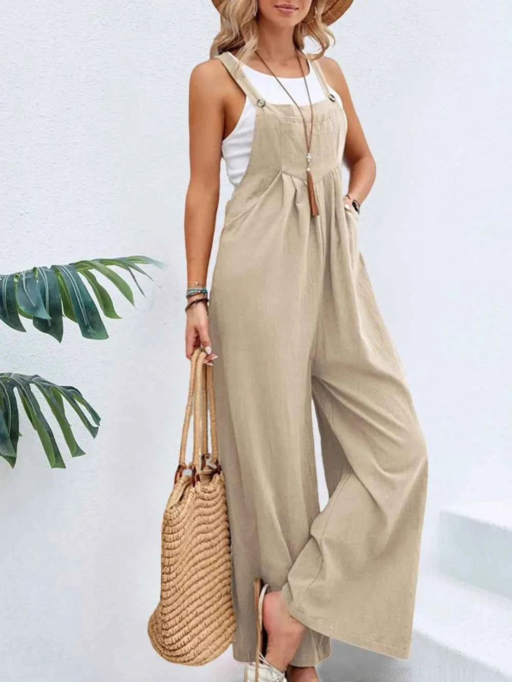 Full Size Square Neck Wide Strap Overalls Khaki