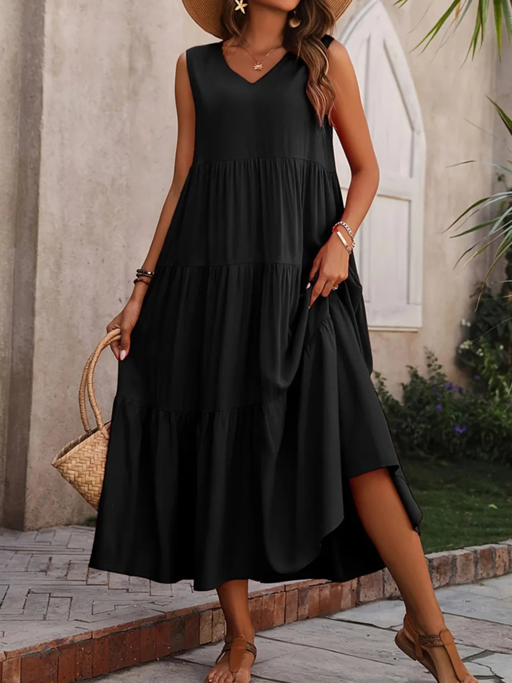 Tiered V-Neck Sleeveless Dress Black