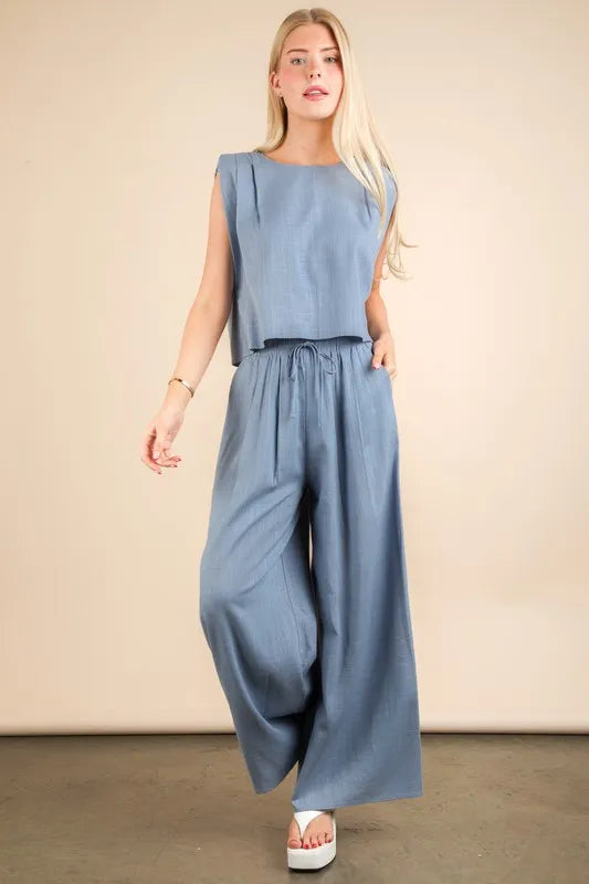 VERY J Solid Woven Top & Pants Set Denim
