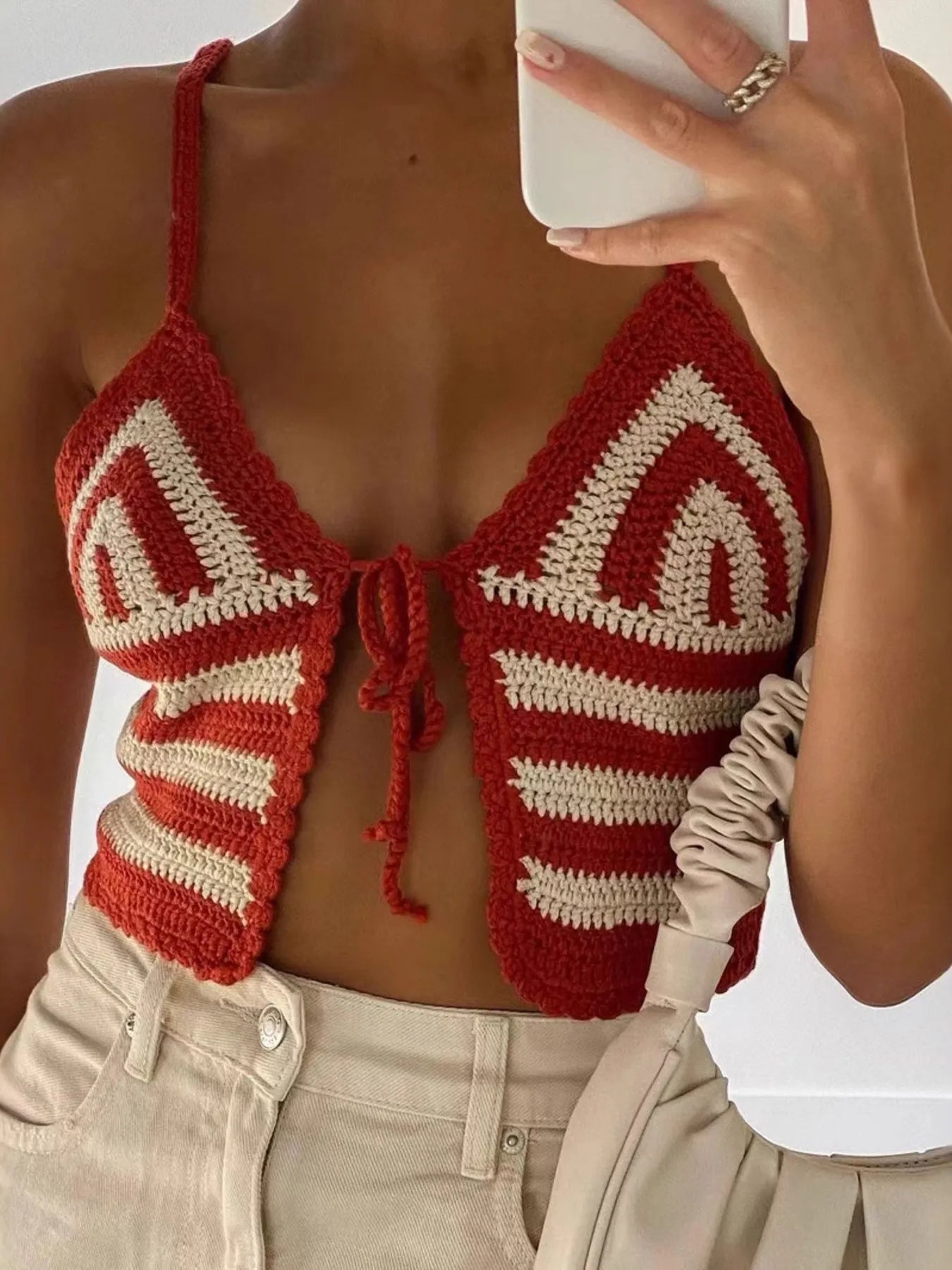 Crochet Tie Front Striped Knit Cami