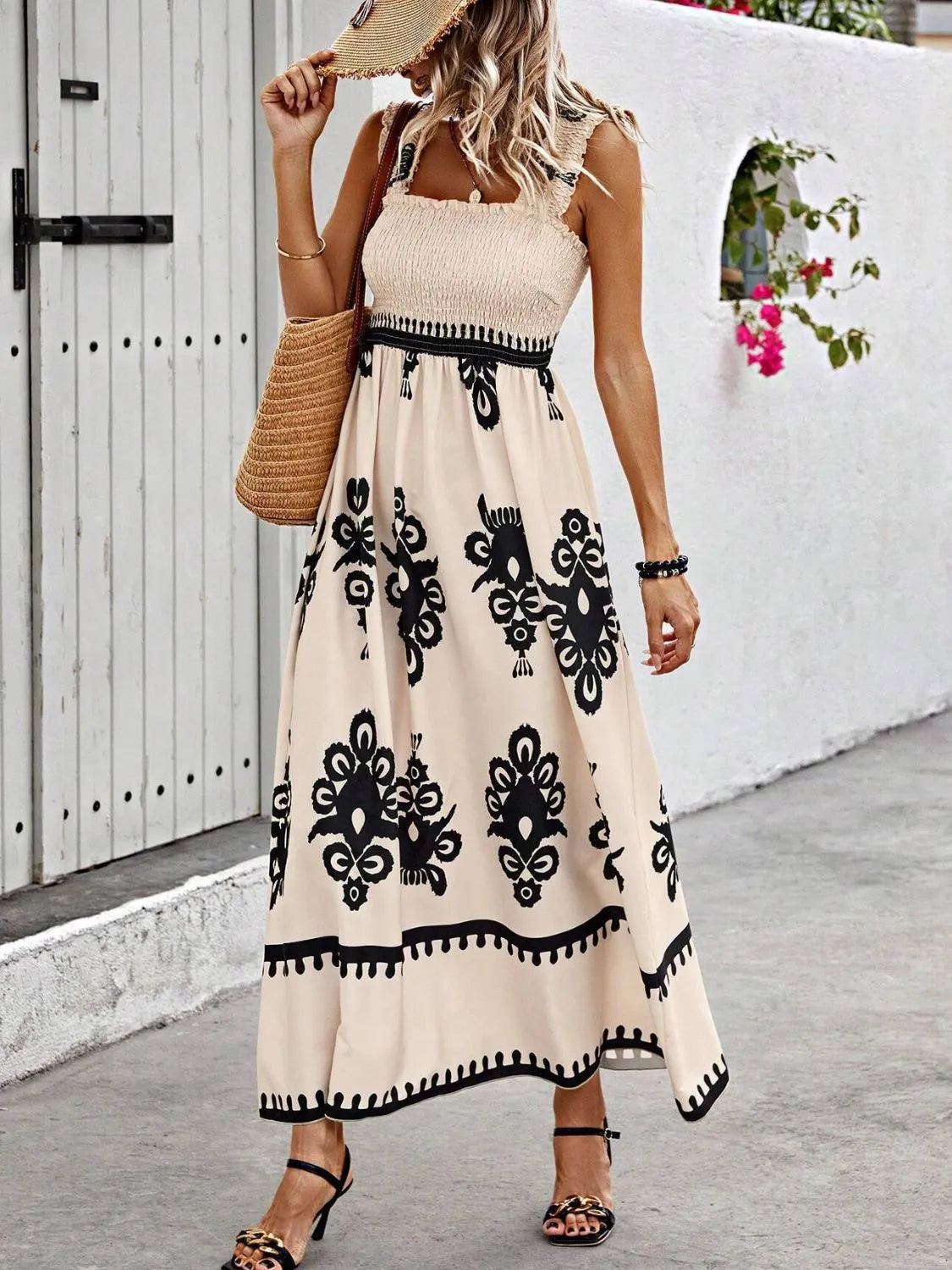 Smocked Printed Wide Strap Maxi Dress Tan