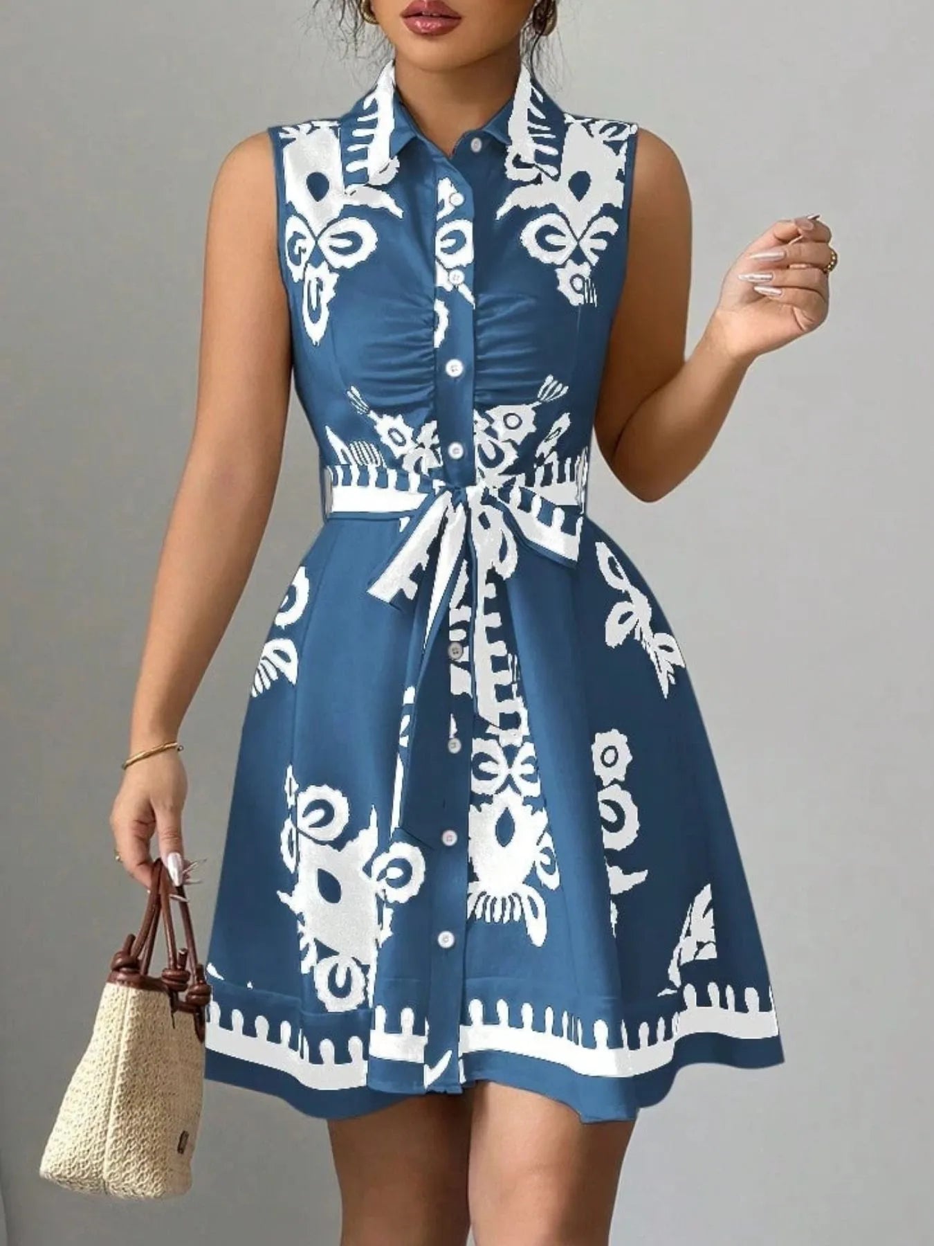 Printed Sleeveless Tie Waist Mini Dress