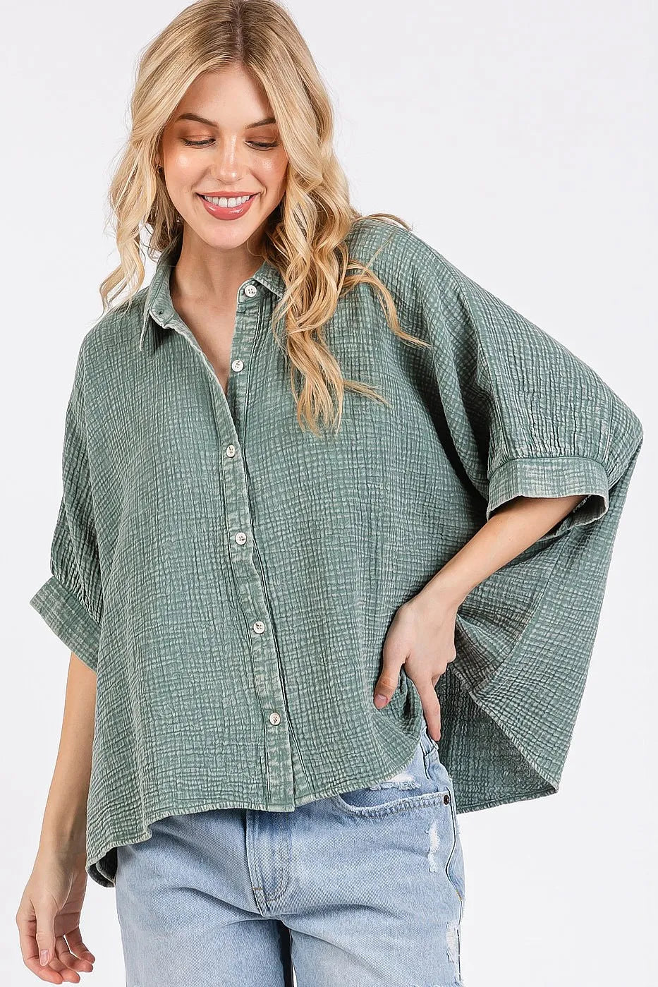 Mittoshop Mineral Wash Gauze Dolman Sleeve Button Down Shirt DUSTY SAGE