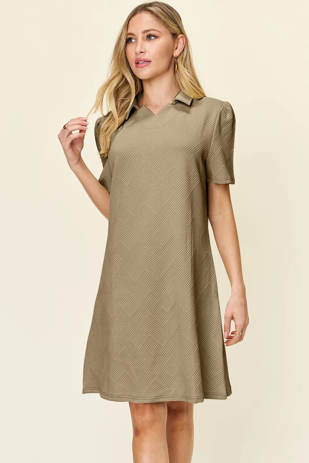 Double Take Full Size Texture Collared Neck Short Sleeve Dress Khaki