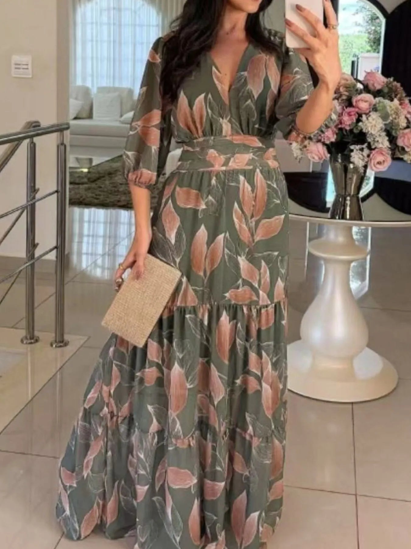Full Size Printed V-Neck Maxi Dress with Tiered Hemline Plus Size Green
