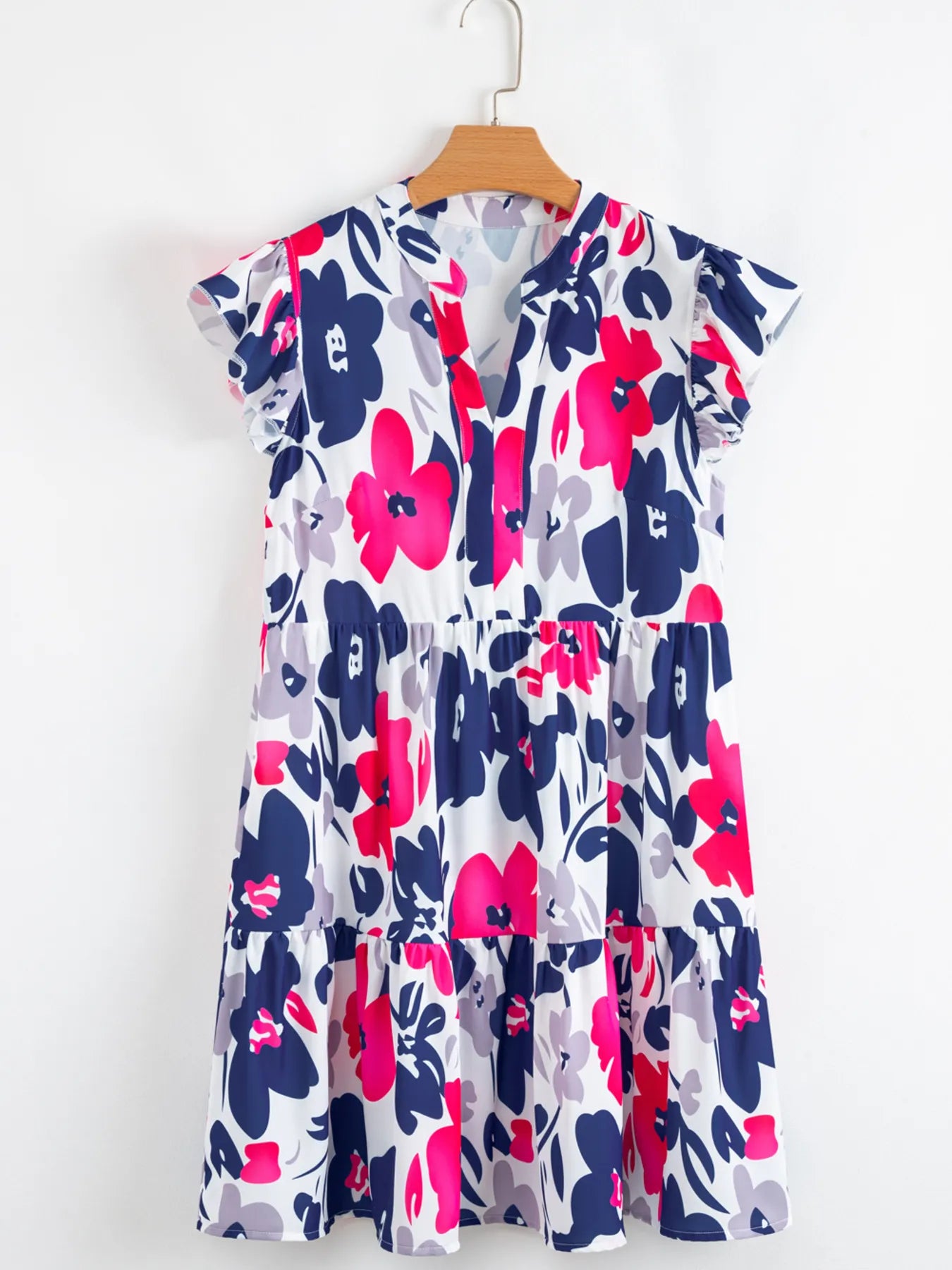 Printed Notched Neck Flutter Sleeve Mini Dress