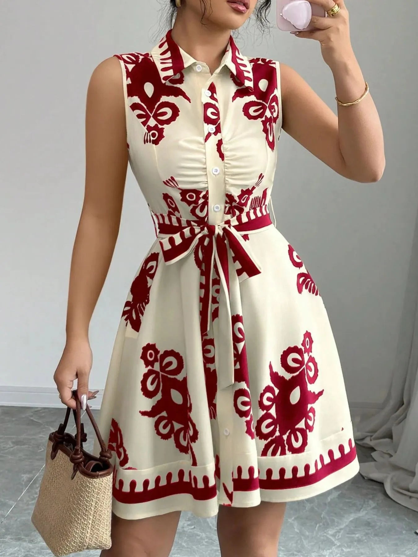 Printed Sleeveless Tie Waist Mini Dress