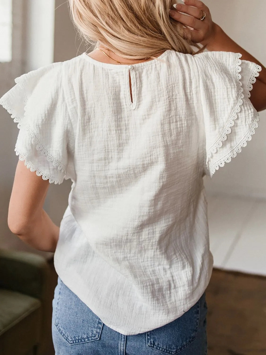 Crinkled Layered Ruffled Flutter Sleeve Blouse