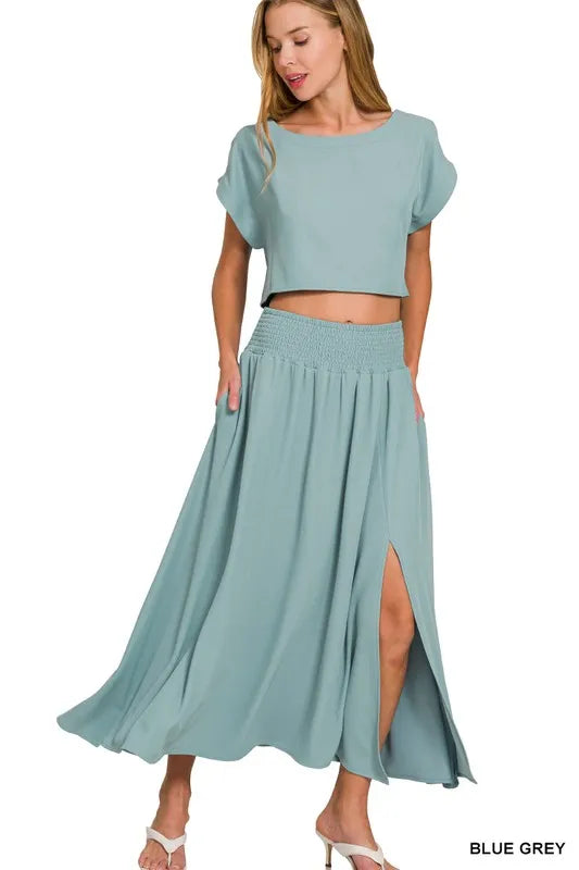 Zenana Heavy Woven Span Crop Tee & Skirt Set BLUE GREY
