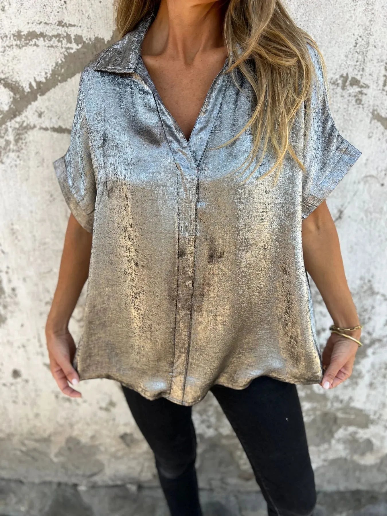 Full Size Collared Neck Short Sleeve Shirt Plus Size