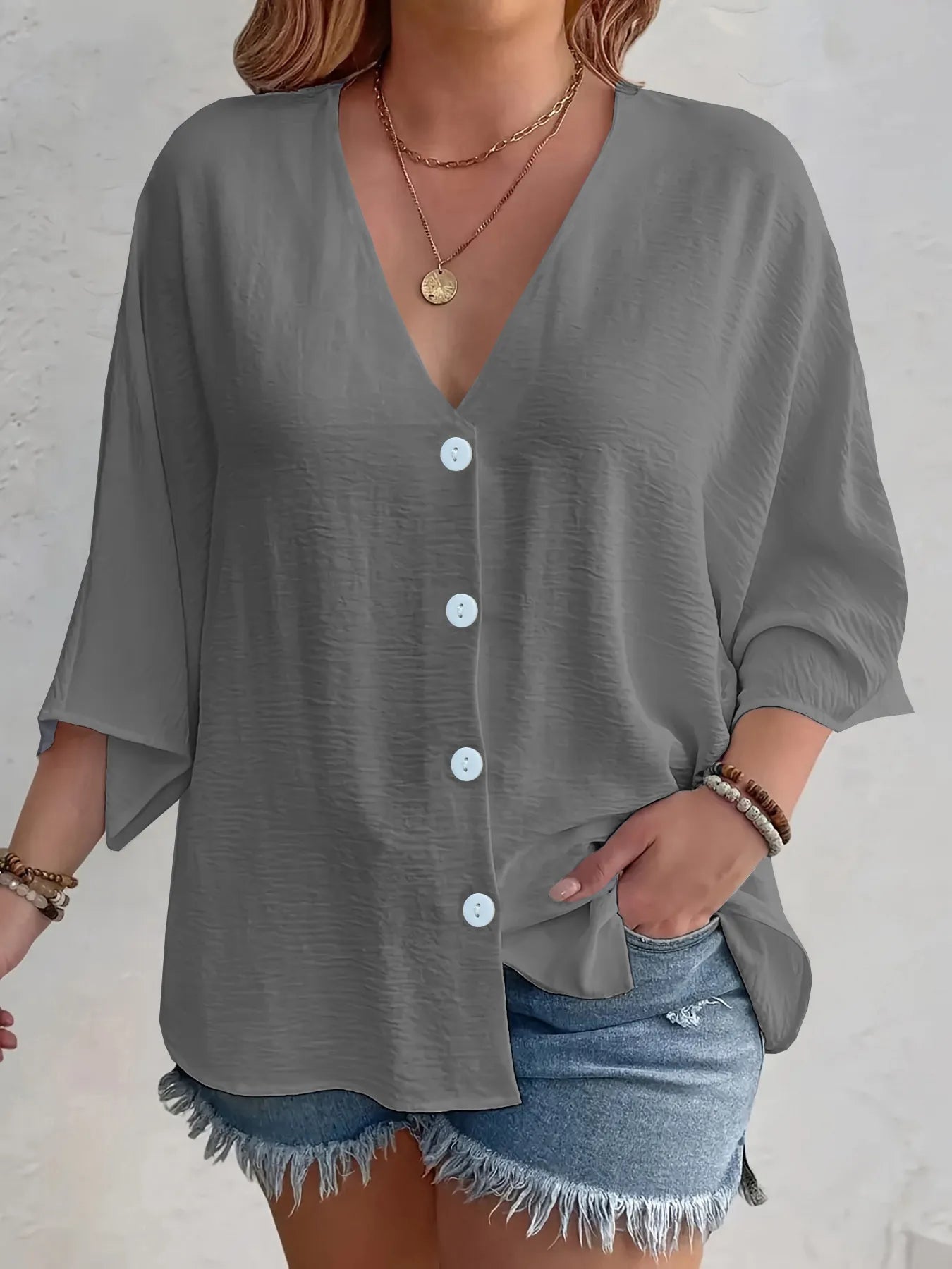 Full Size V-Neck Button Down Shirt Plus Size Gray