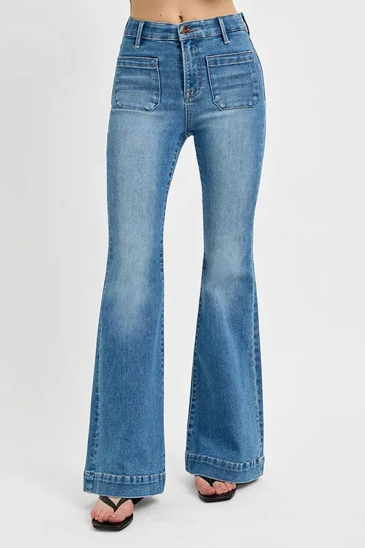 RISEN Full Size Front Patch Pocket Flare Jeans Plus Size