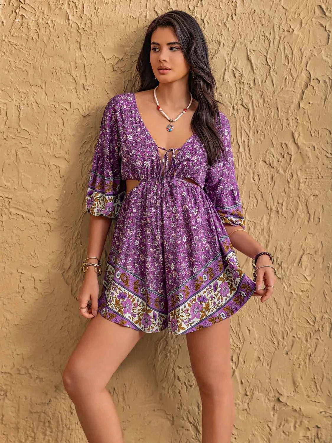 Tied Front Cutout Printed Romper