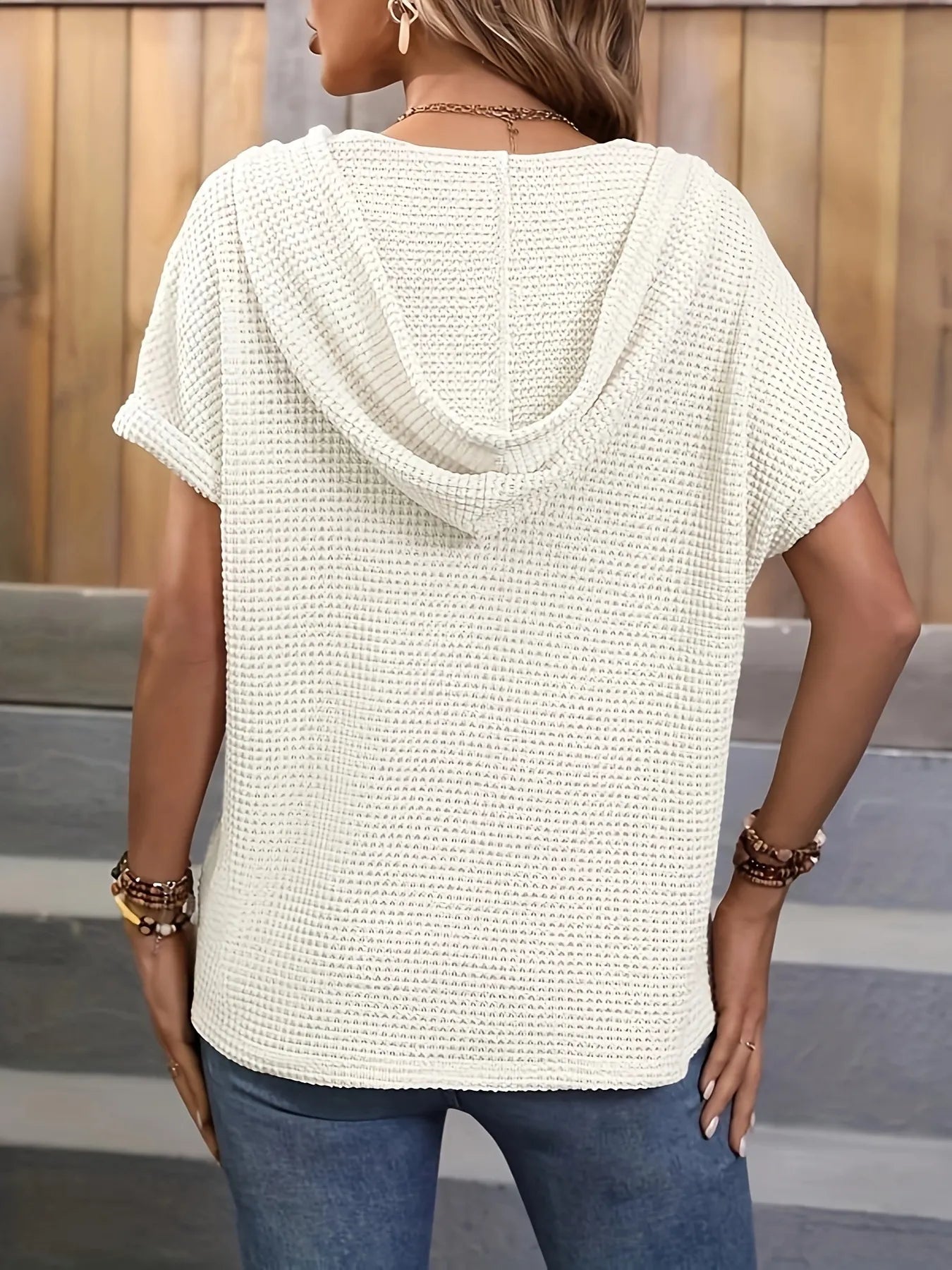 Drawstring Waffle Knit Short Sleeve Hoodie