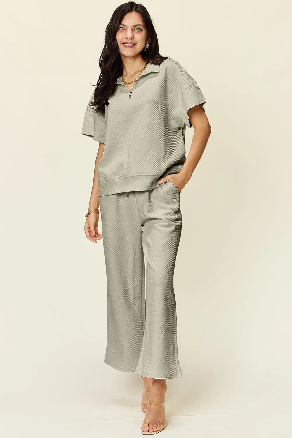 Double Take Full Size Texture Half Zip Short Sleeve Top and Pants Set Dust Storm