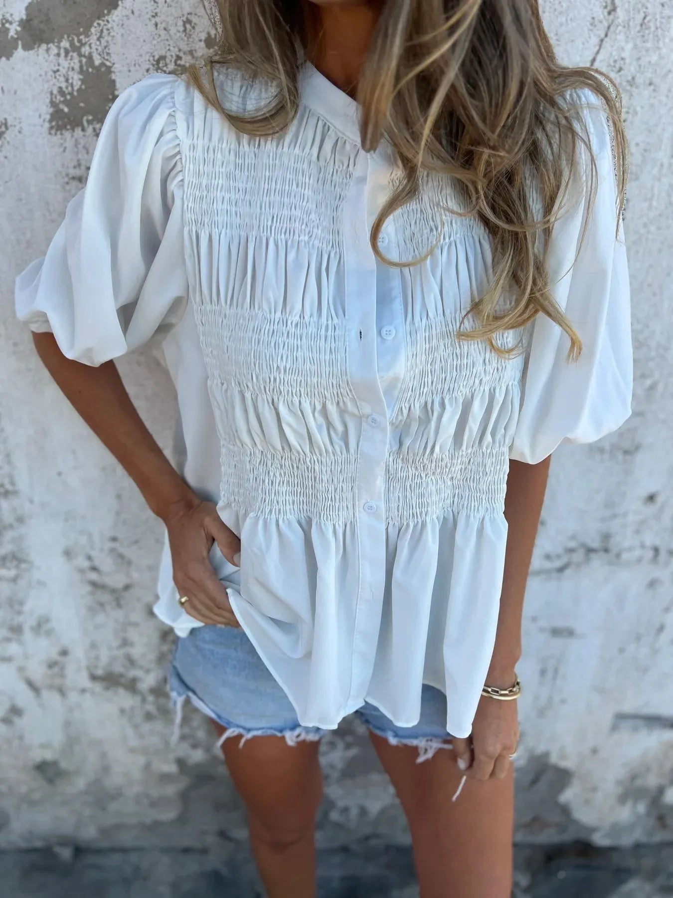 Full Size Smocked Button Front Puff Sleeve Shirt Plus Size