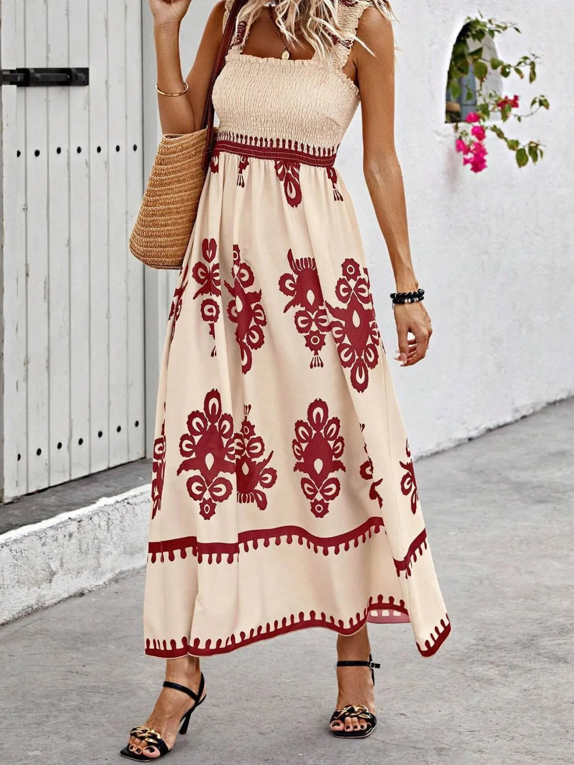 Smocked Printed Wide Strap Maxi Dress Rust