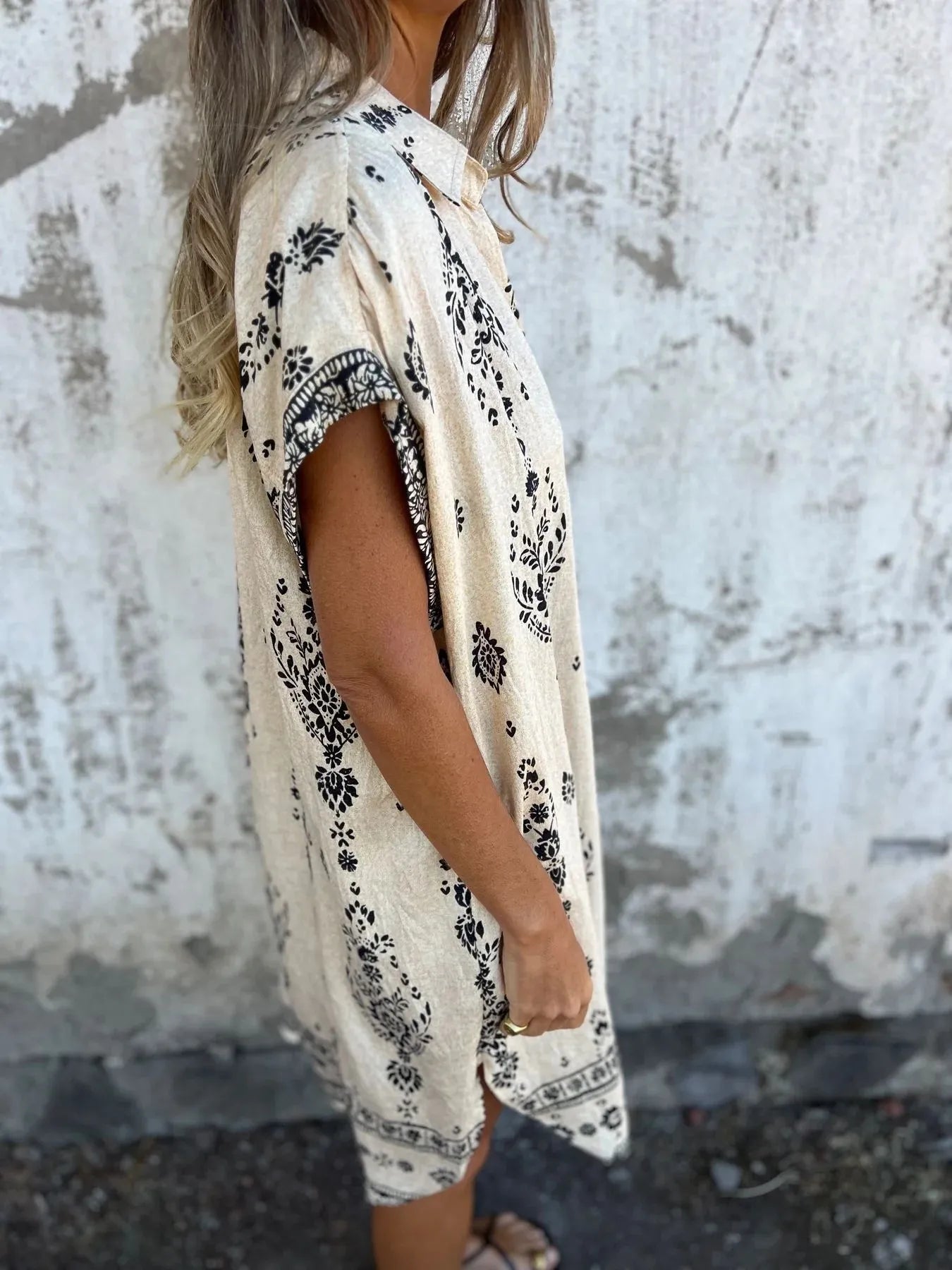 Full Size Printed Short Sleeve Button-Up Shirt Dress Plus Size