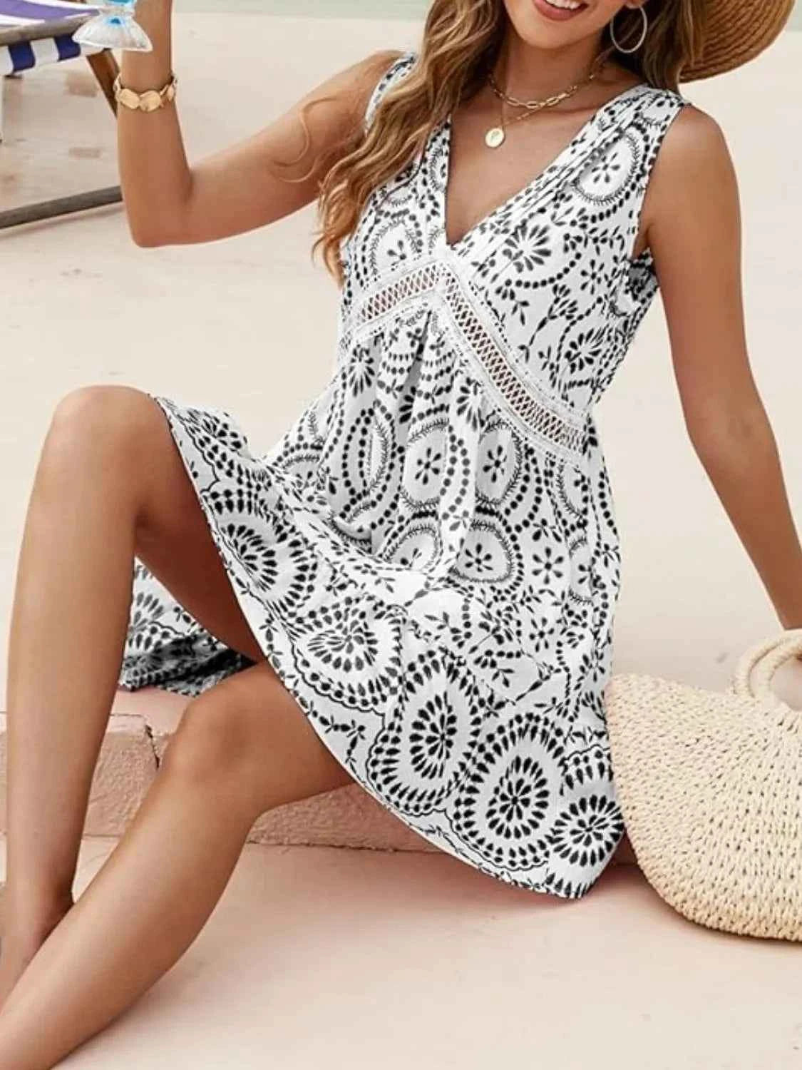 Printed V-Neck Sleeveless Mini Dress