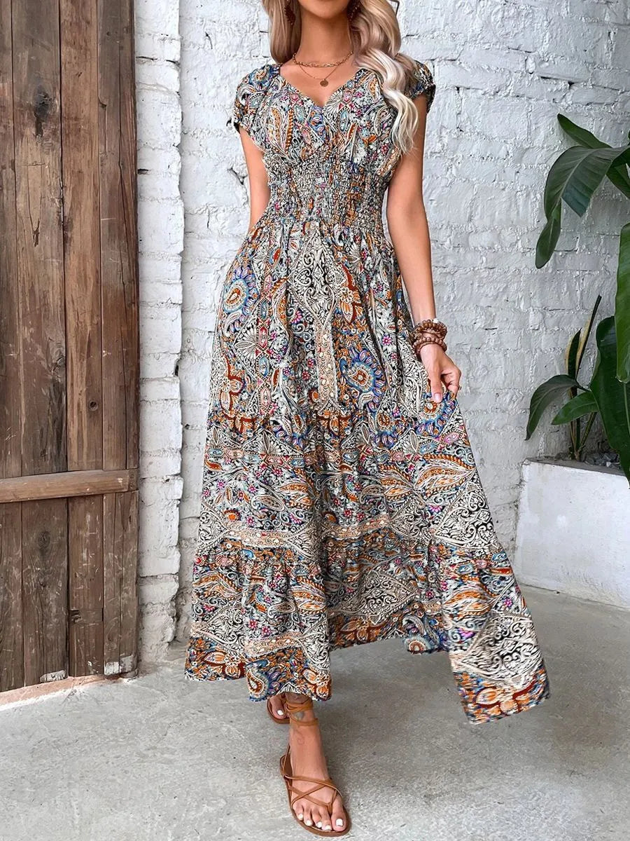 Plus Size Printed V-Neck Short Sleeve Midi Dress Orange