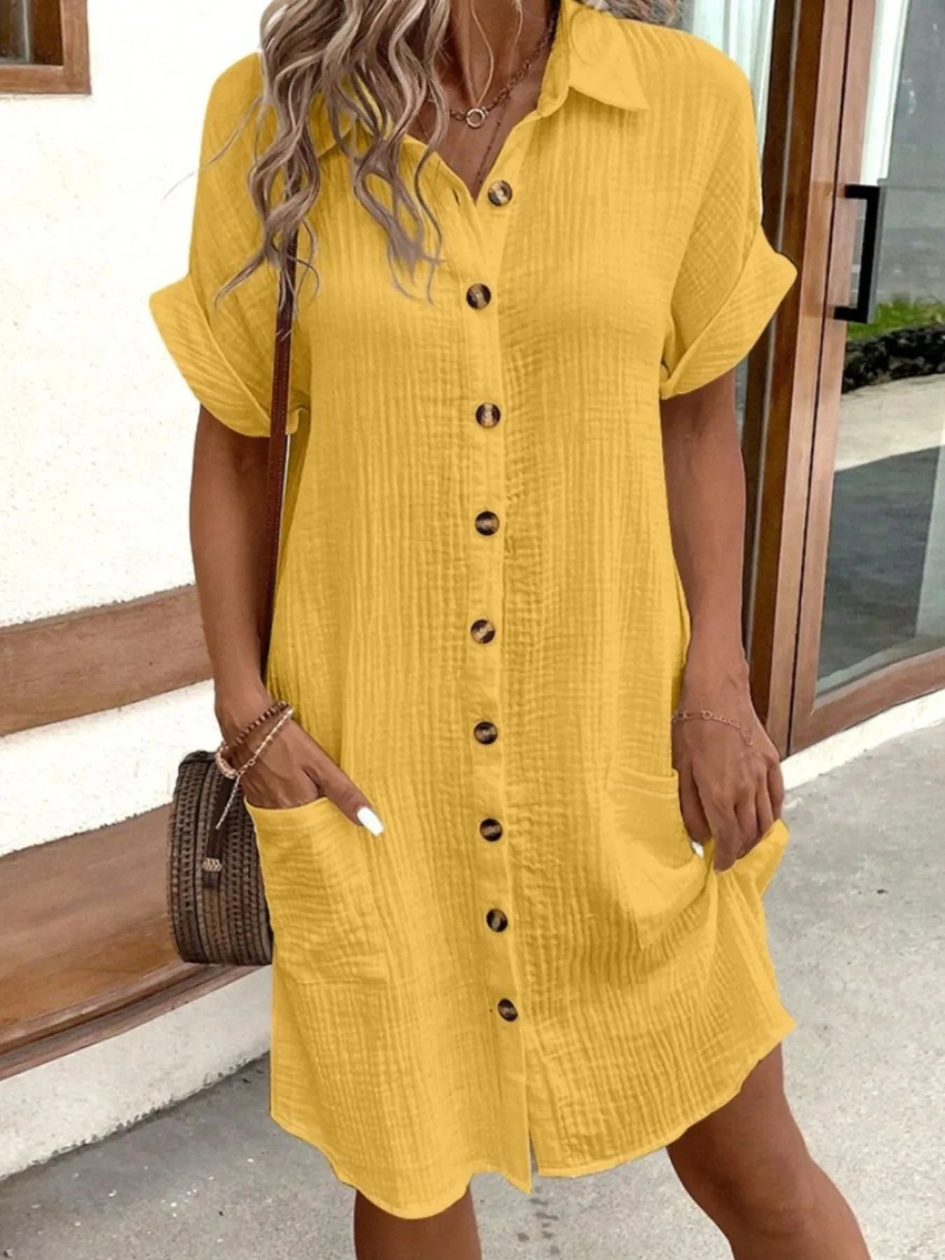 Casual Button Down Cotton Shirt Dress with Pockets Yellow
