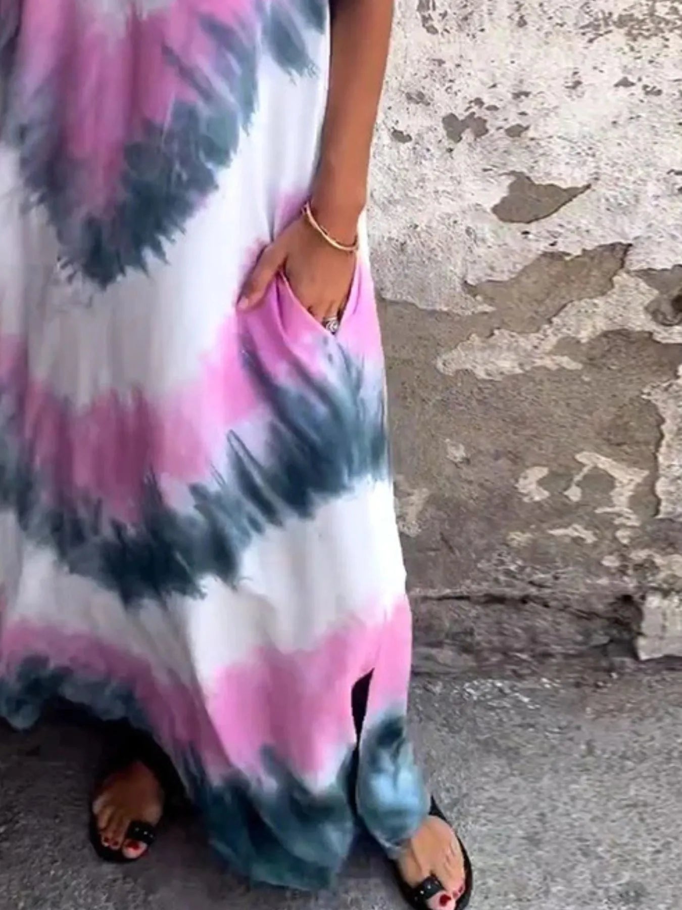 Full Size Tie-Dye V-Neck Midi Dress with Pockets Plus Size