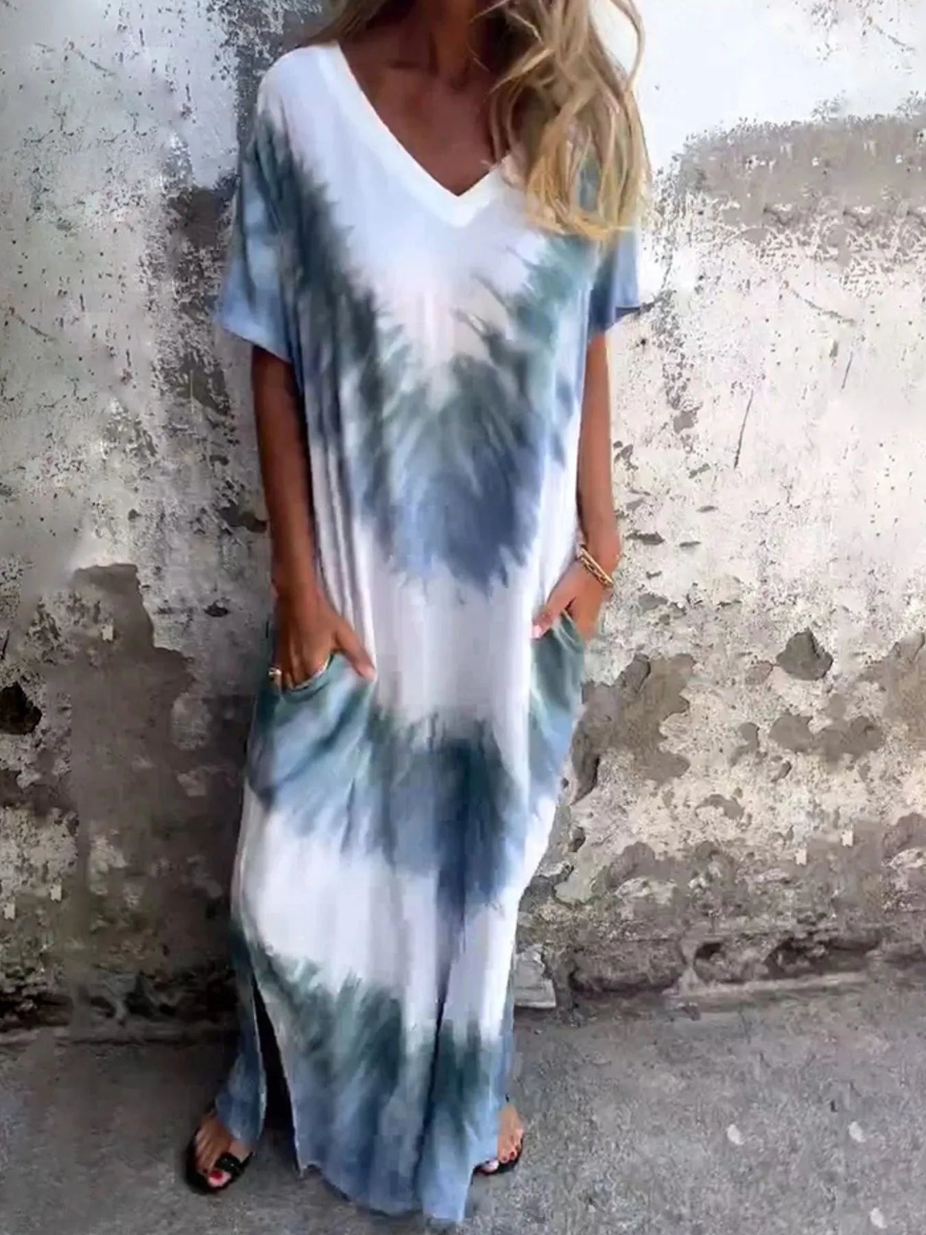 Full Size Tie-Dye V-Neck Midi Dress with Pockets Plus Size Dusty Blue