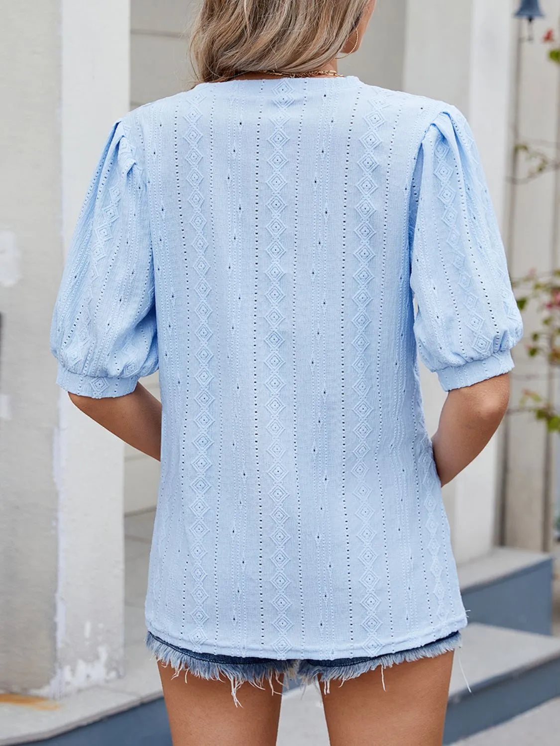 Puff Sleeve V-Neck Eyelet Lace T-Shirt