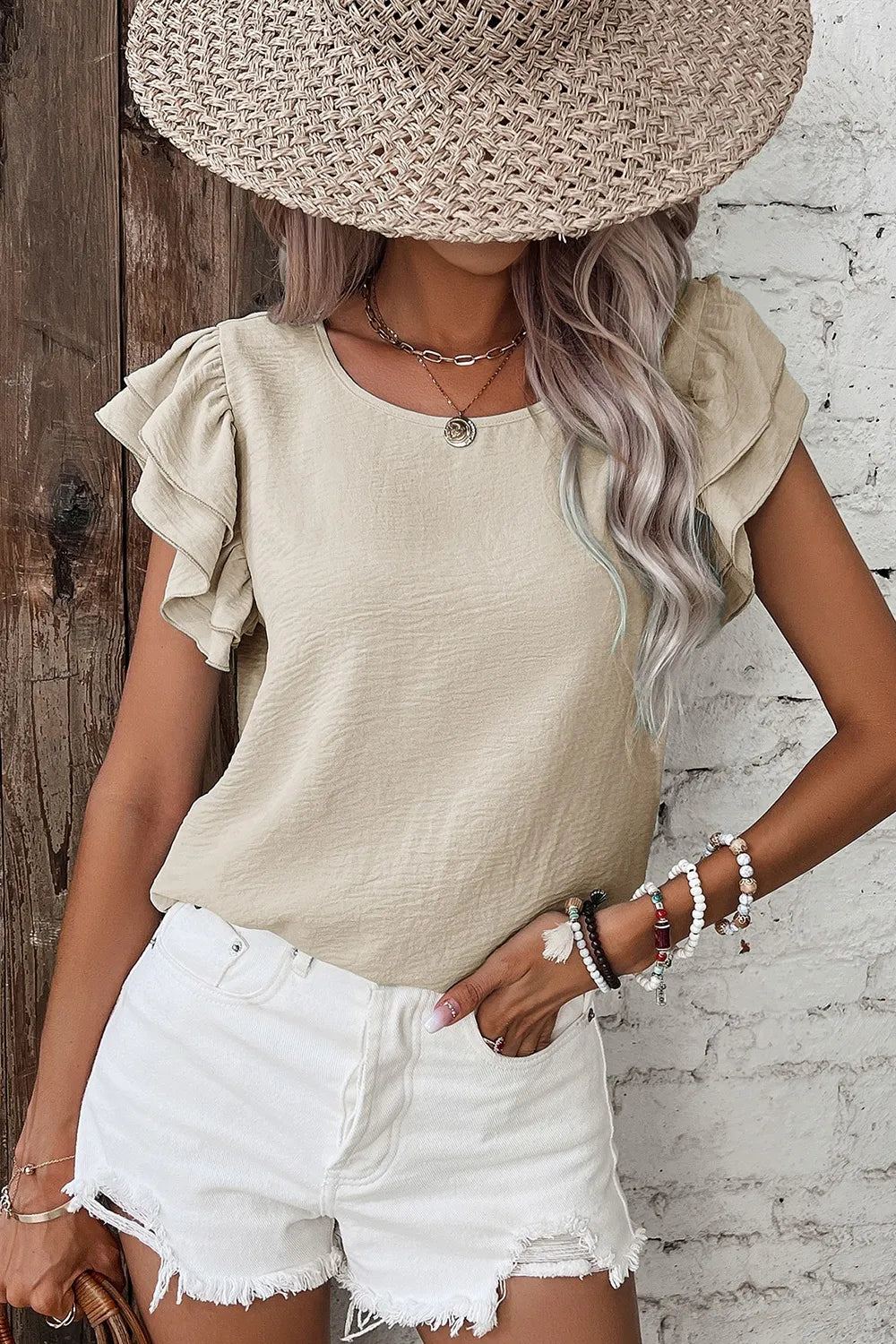 Solid Color Ruffled Short Sleeve Casual Blouse