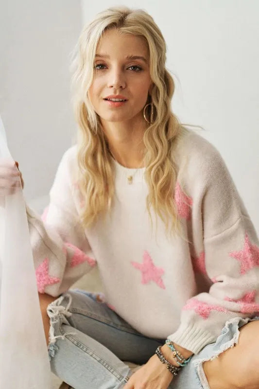ADORA Full Size Star Contrast Round Neck Sweater Plus Size