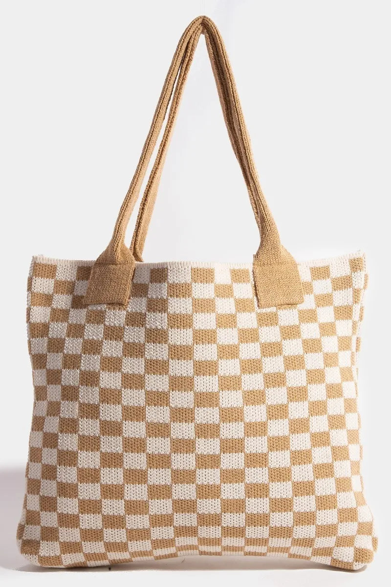 Fame Checkered Pattern Tote Bag Tan One Size