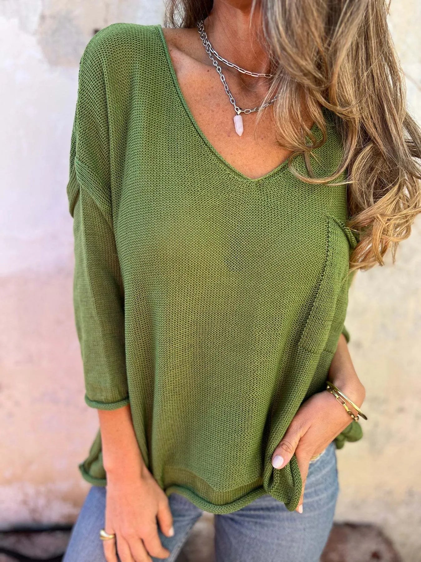 Full Size Casual V-Neck Knit Sweater Plus Size