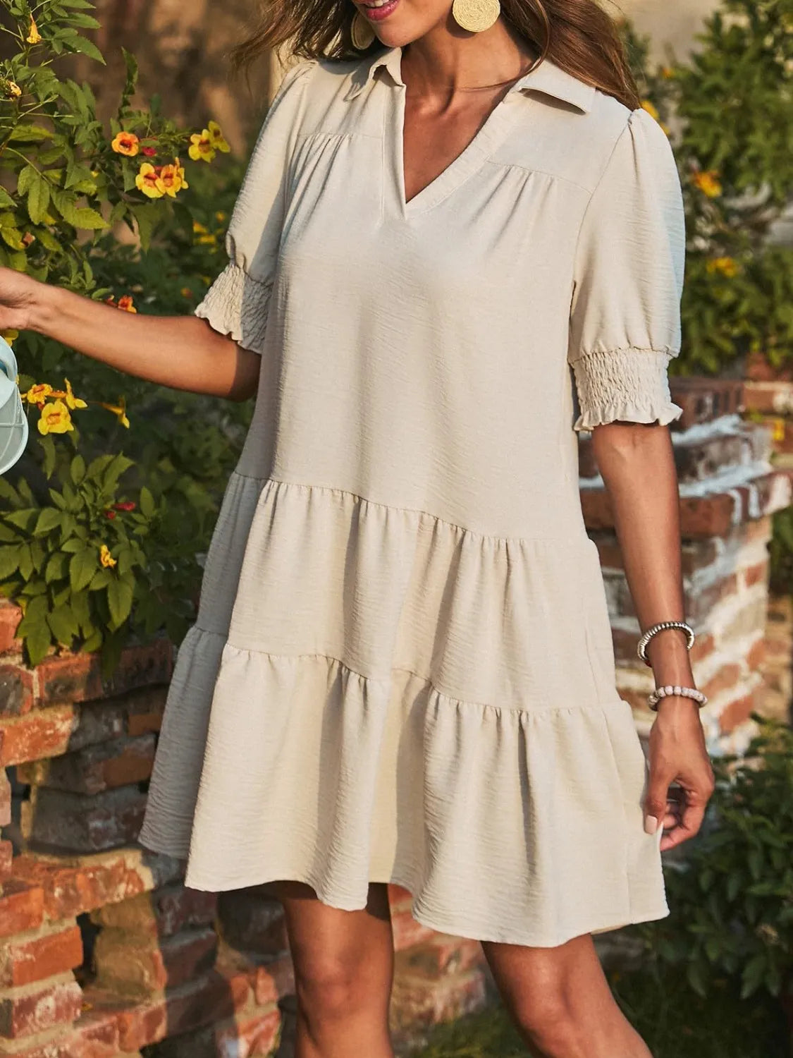 Johnny Collar Short Sleeve Mini Dress Cream