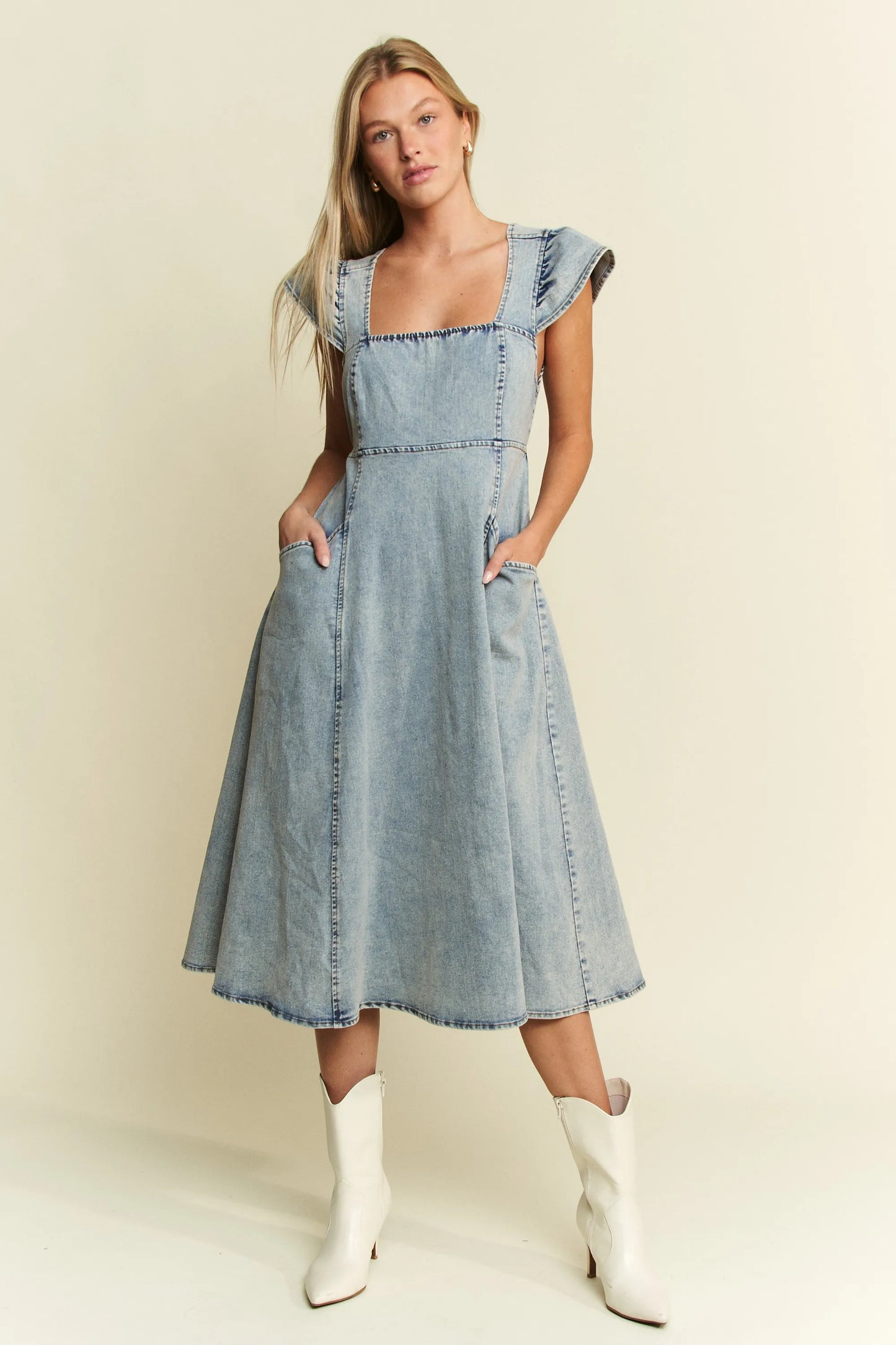 Jade By Jane Full Size Ruffled Denim Midi Dress Plus Size DENIM BLUE