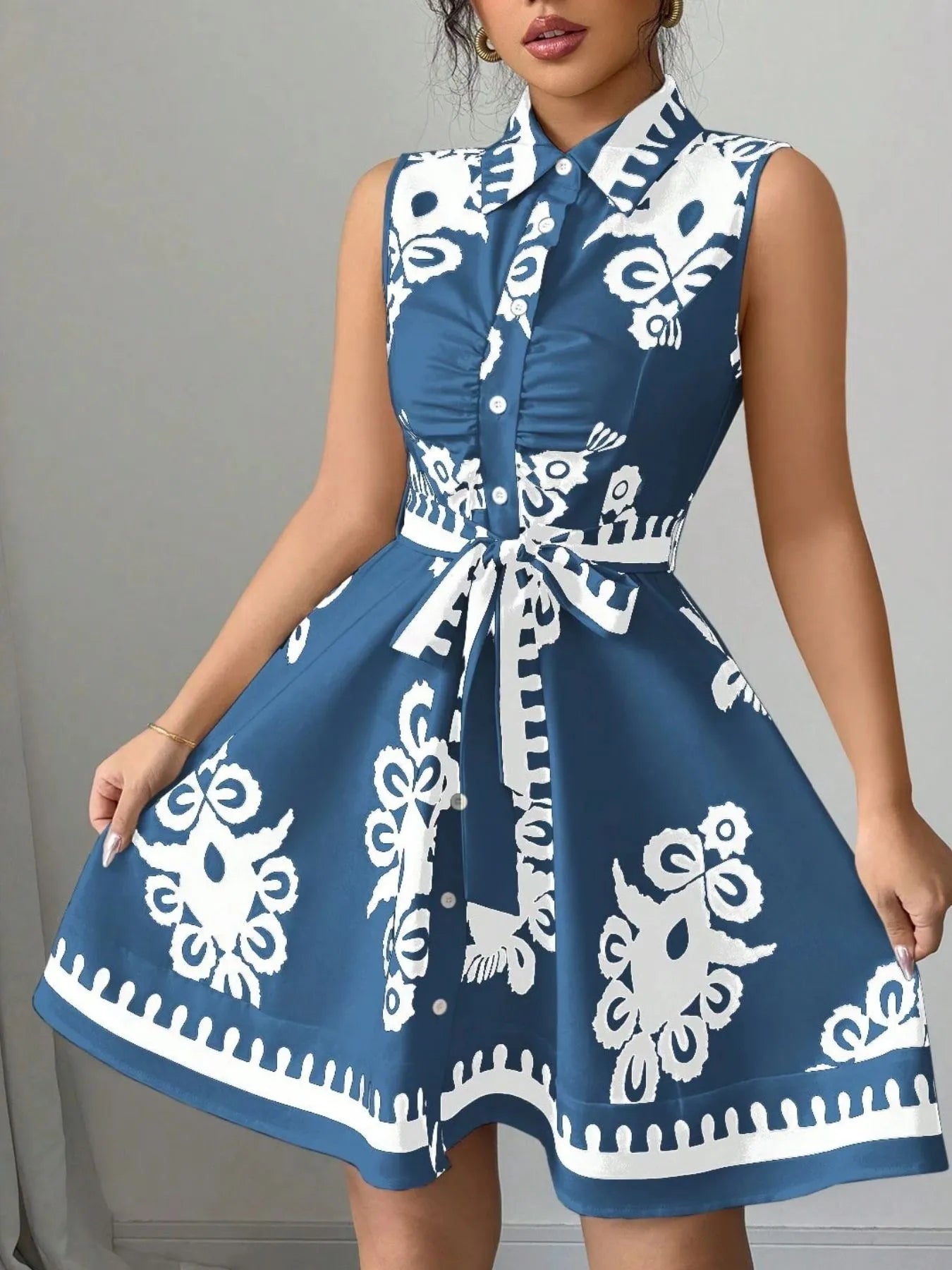 Printed Sleeveless Tie Waist Mini Dress
