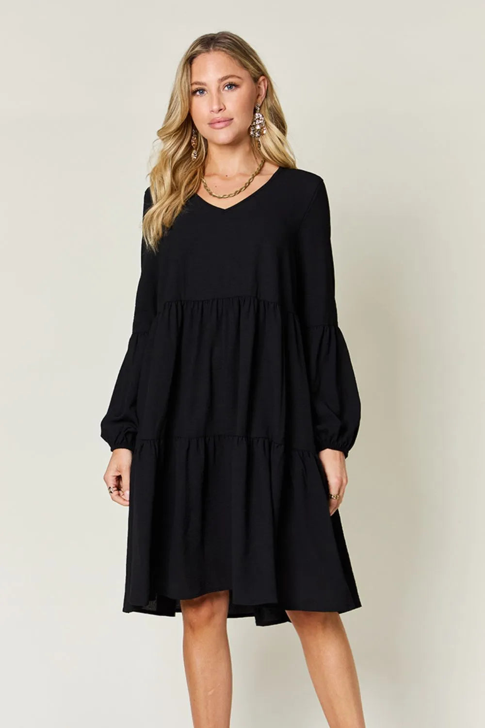 Double Take Full Size V-Neck Balloon Sleeve Tiered Dress with Pockets Black