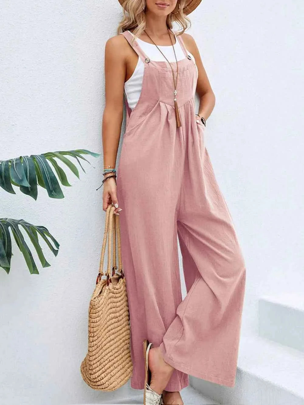 Full Size Square Neck Wide Strap Overalls Dusty Pink