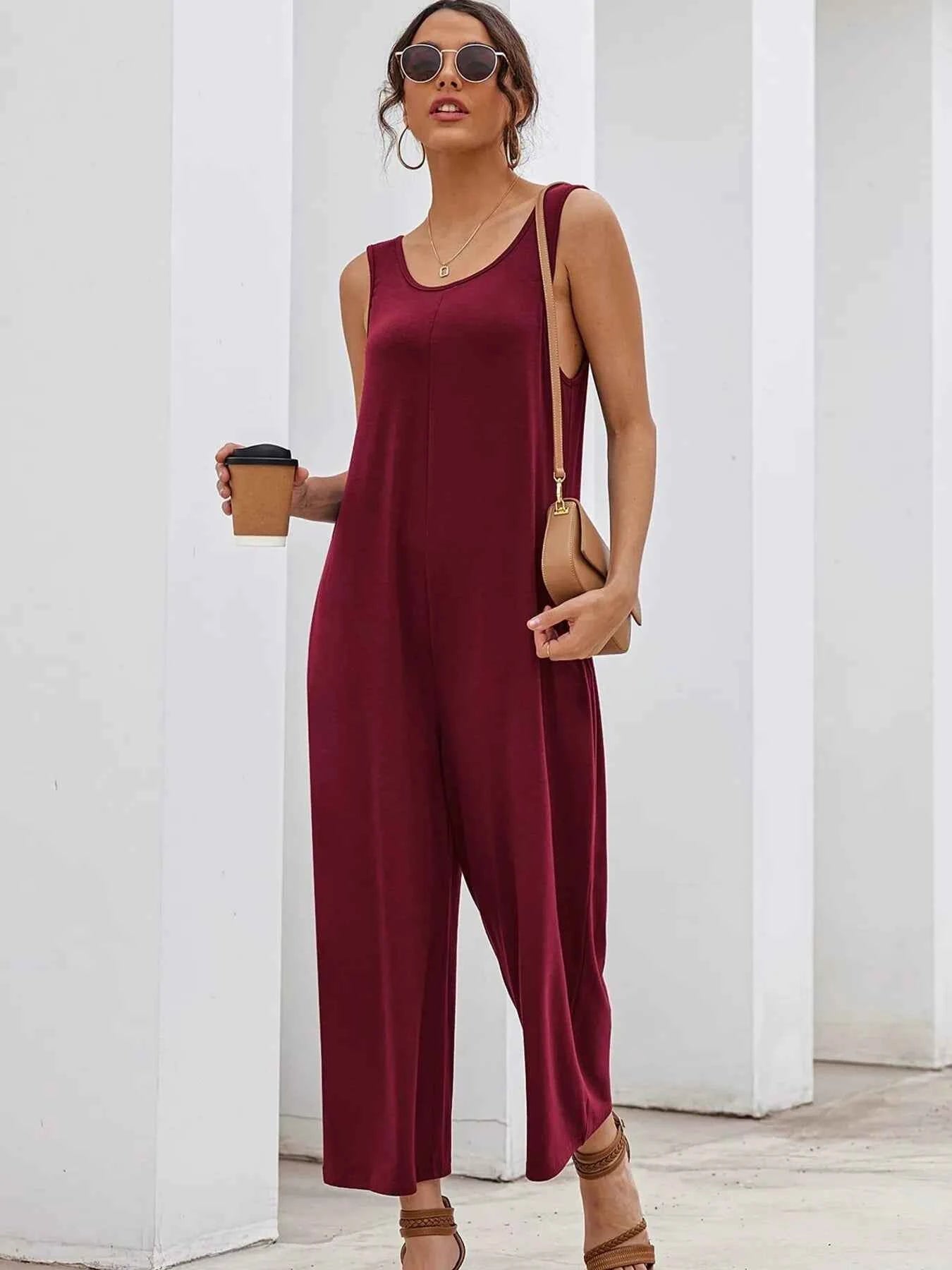 Sleeveless Wide Leg Casual Jumpsuit Burgundy