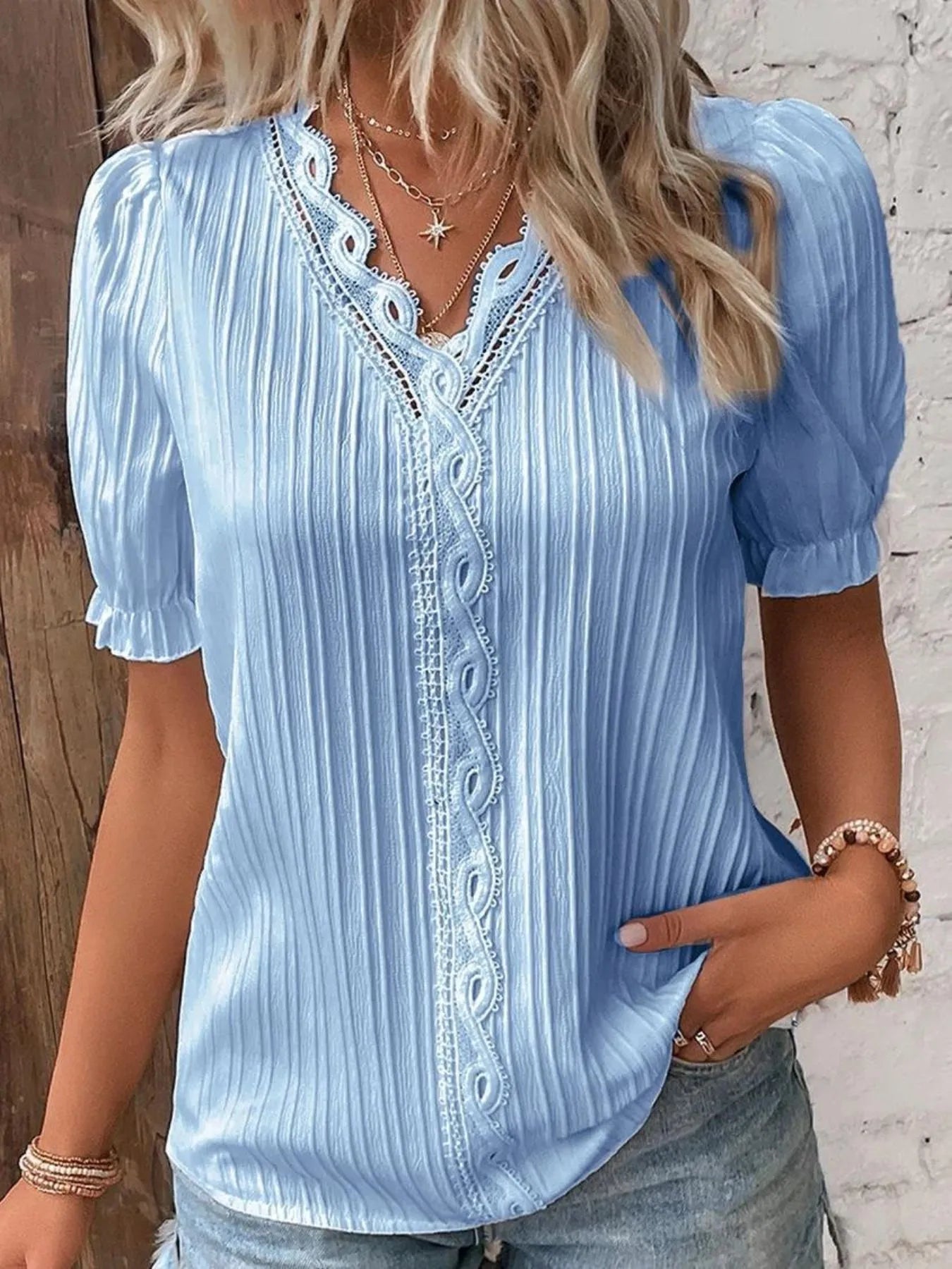 Full Size Lace Detail V-Neck Blouse Plus Size Sky Blue
