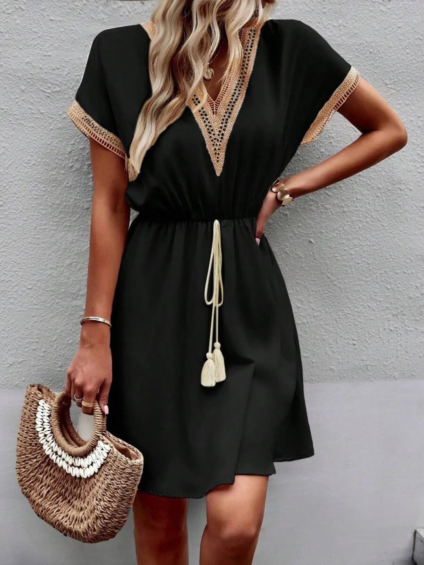 V-Neck Short Sleeve Mini Dress