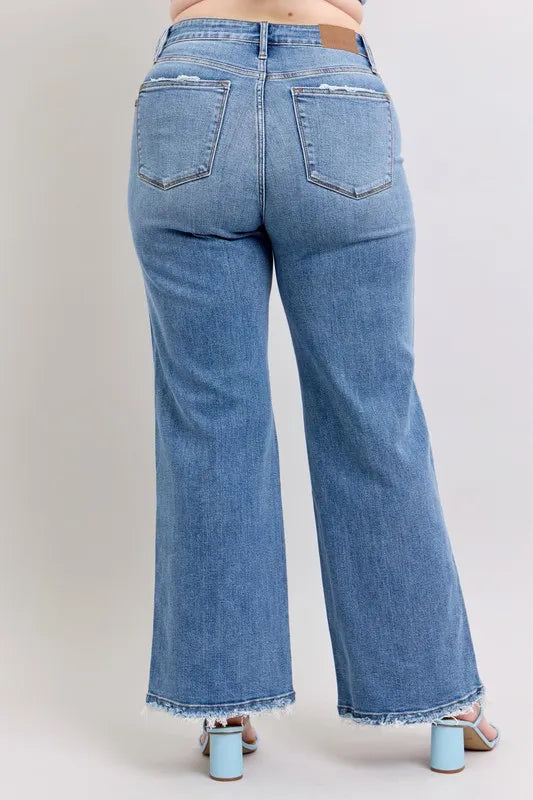 Judy Blue Full Size Raw Hem Wide Leg Jeans Plus Size