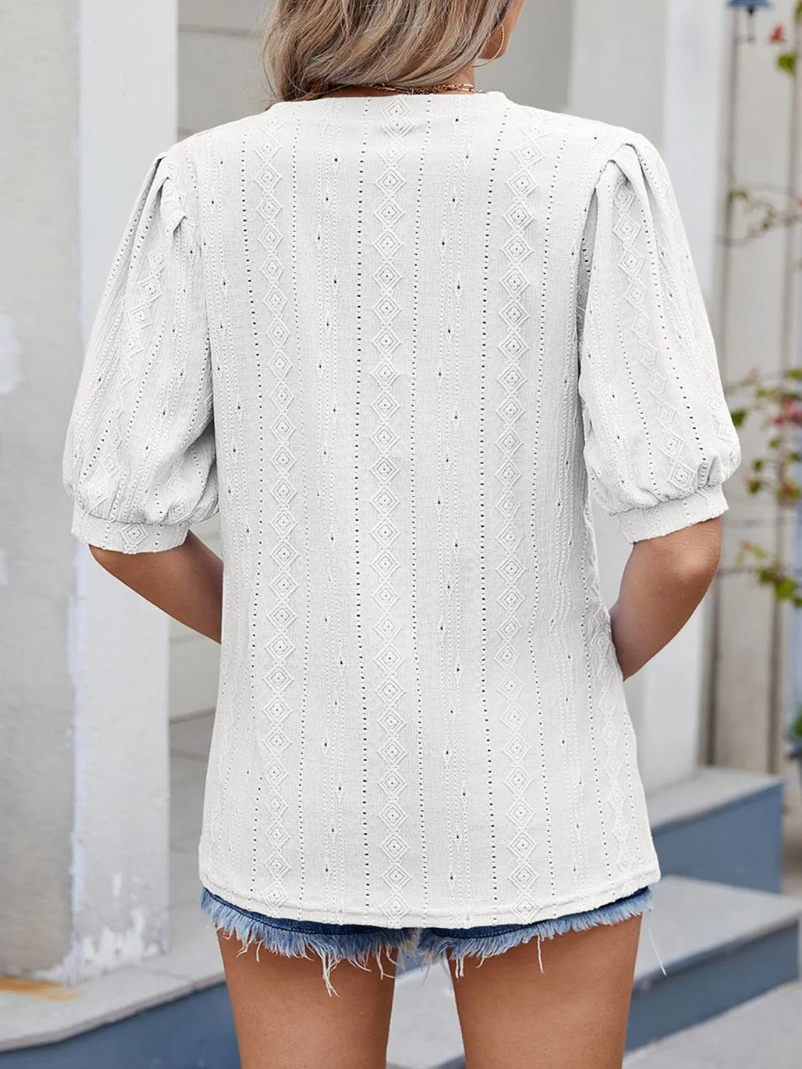 Puff Sleeve V-Neck Eyelet Lace T-Shirt