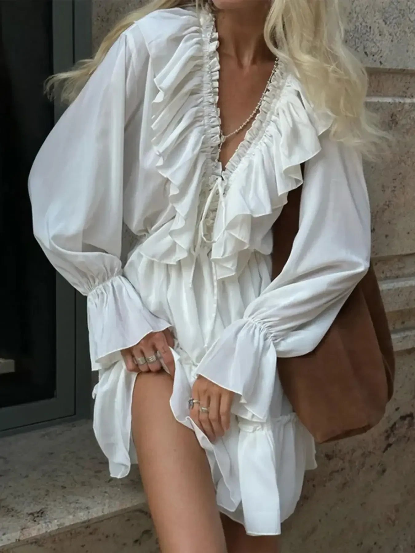 Ruffle Flounce Sleeve Mini Dress White